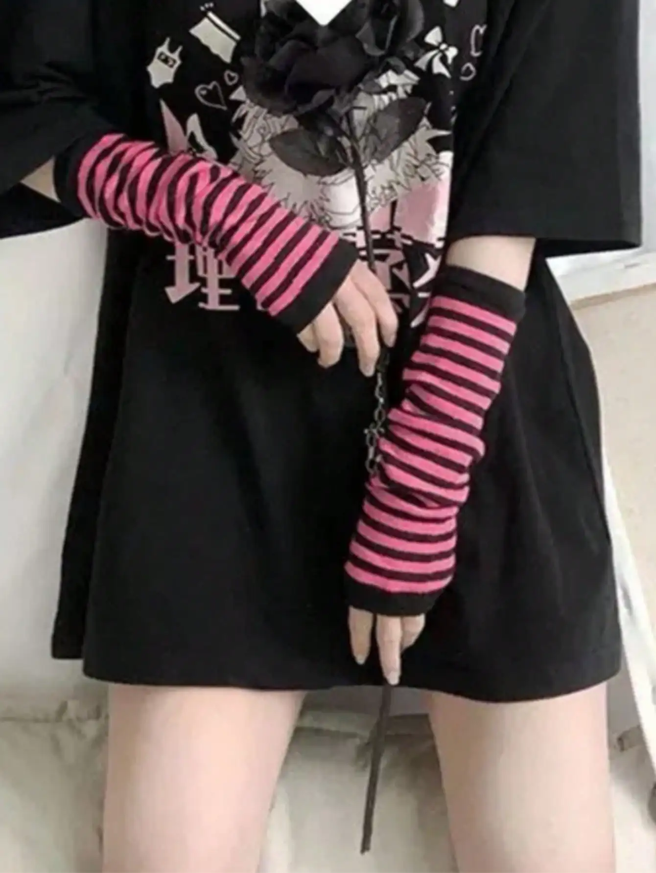 1 Pair Y2K Punk Striped Knitte - Fingerless Glove Knit incelemesi ve fiyatı