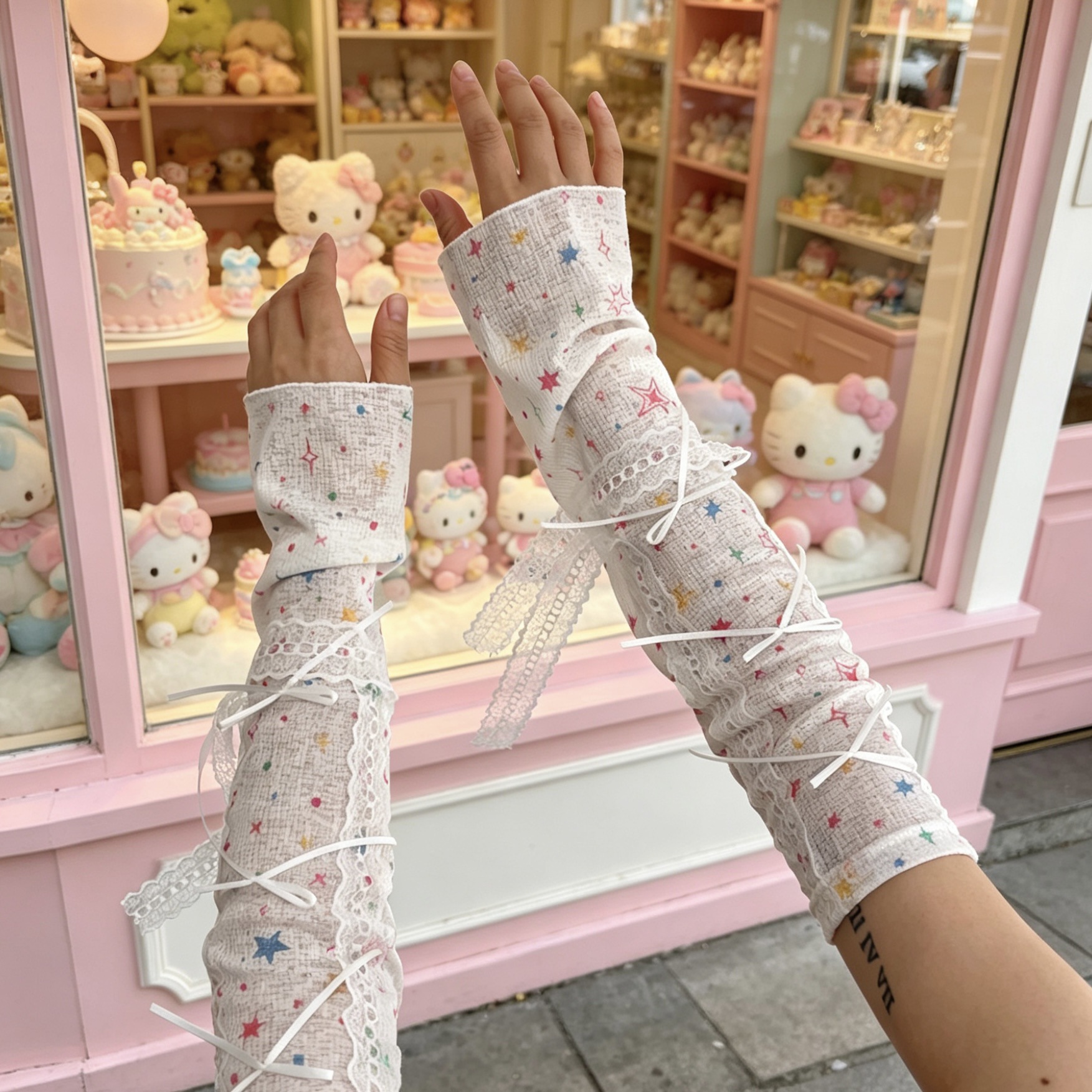 Kawaii Star Print Lace Arm Sle - Fingerless Glove Knit incelemesi ve fiyatı